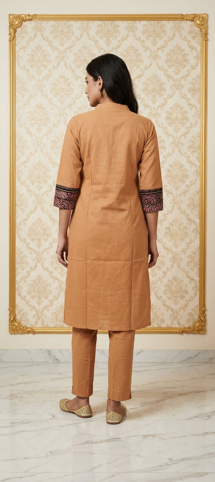 Cotton Kurti Pant Set with Kalamkari Embroidered Neck -SKIN