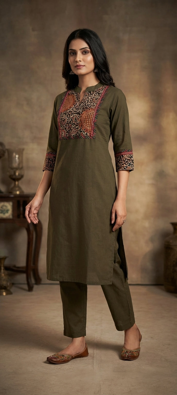 Elegant Kalamkari Neck Work Embroidered Long Kurti Set -OLIVE GREEN