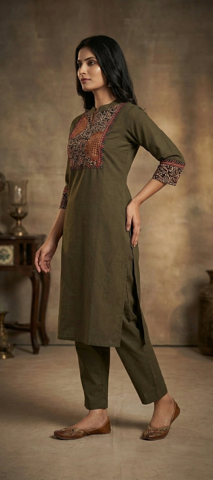 Elegant Kalamkari Neck Work Embroidered Long Kurti Set -OLIVE GREEN