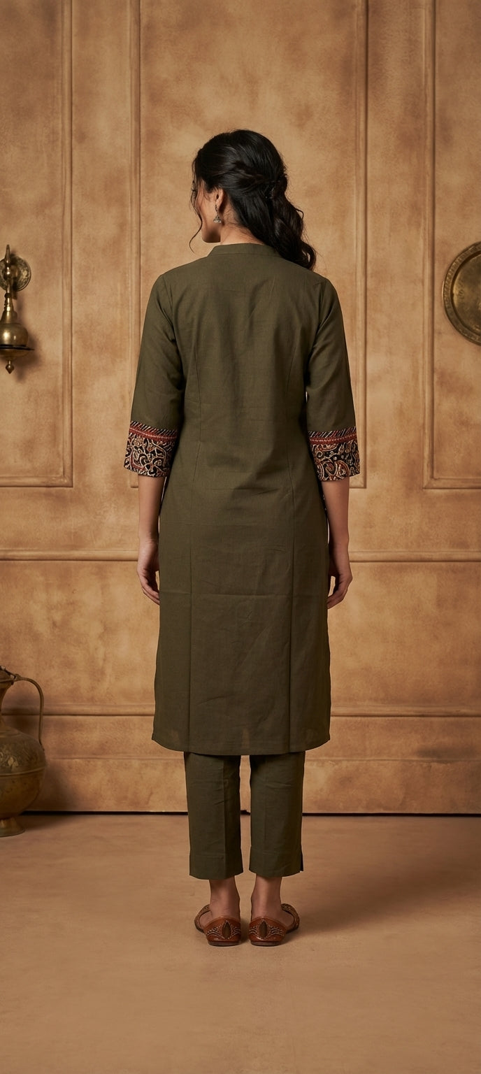 Elegant Kalamkari Neck Work Embroidered Long Kurti Set -OLIVE GREEN