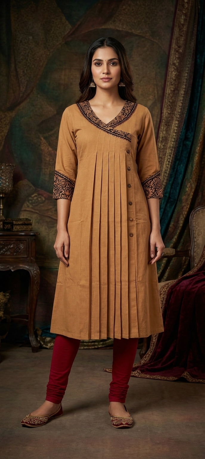 Embroidered V-Neck Pleated Long Kurti