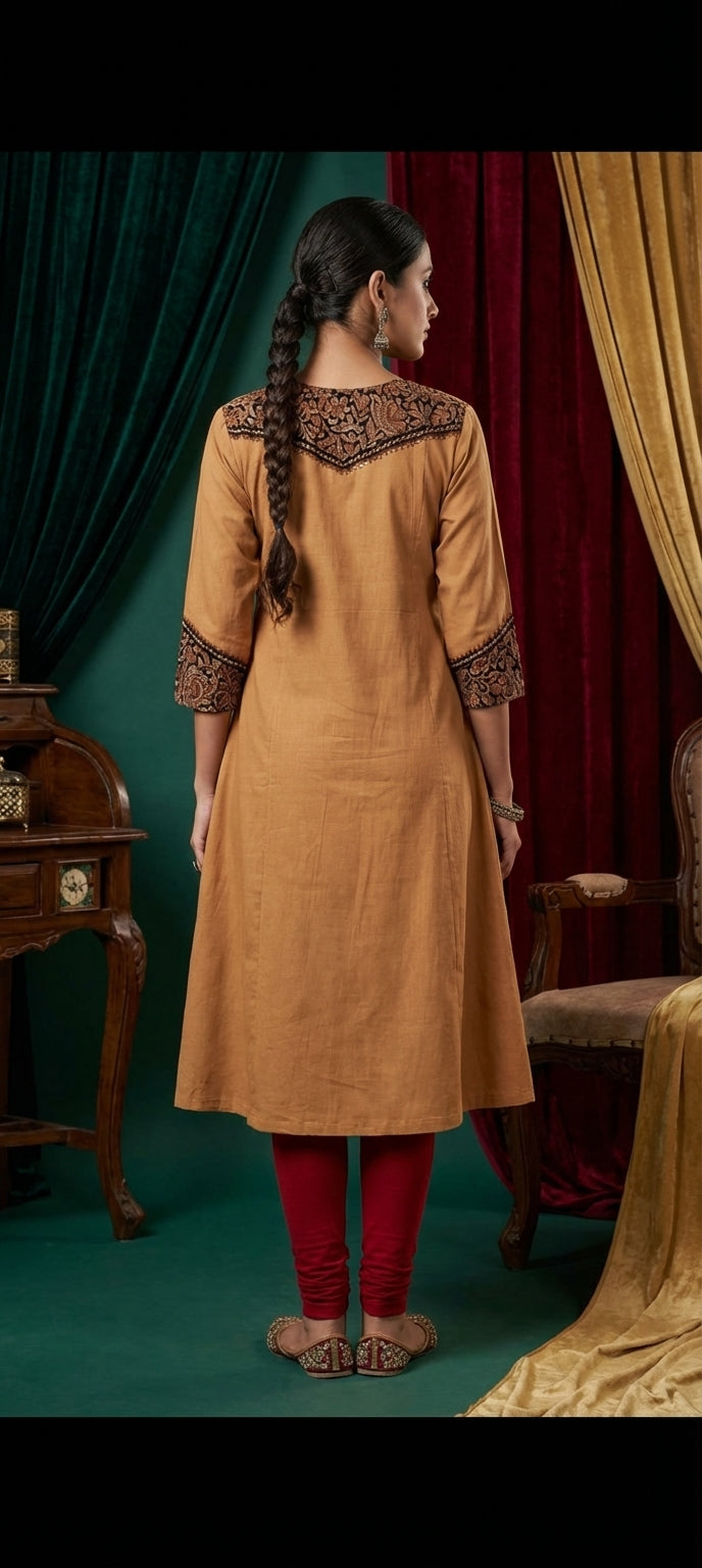 Embroidered V-Neck Pleated Long Kurti