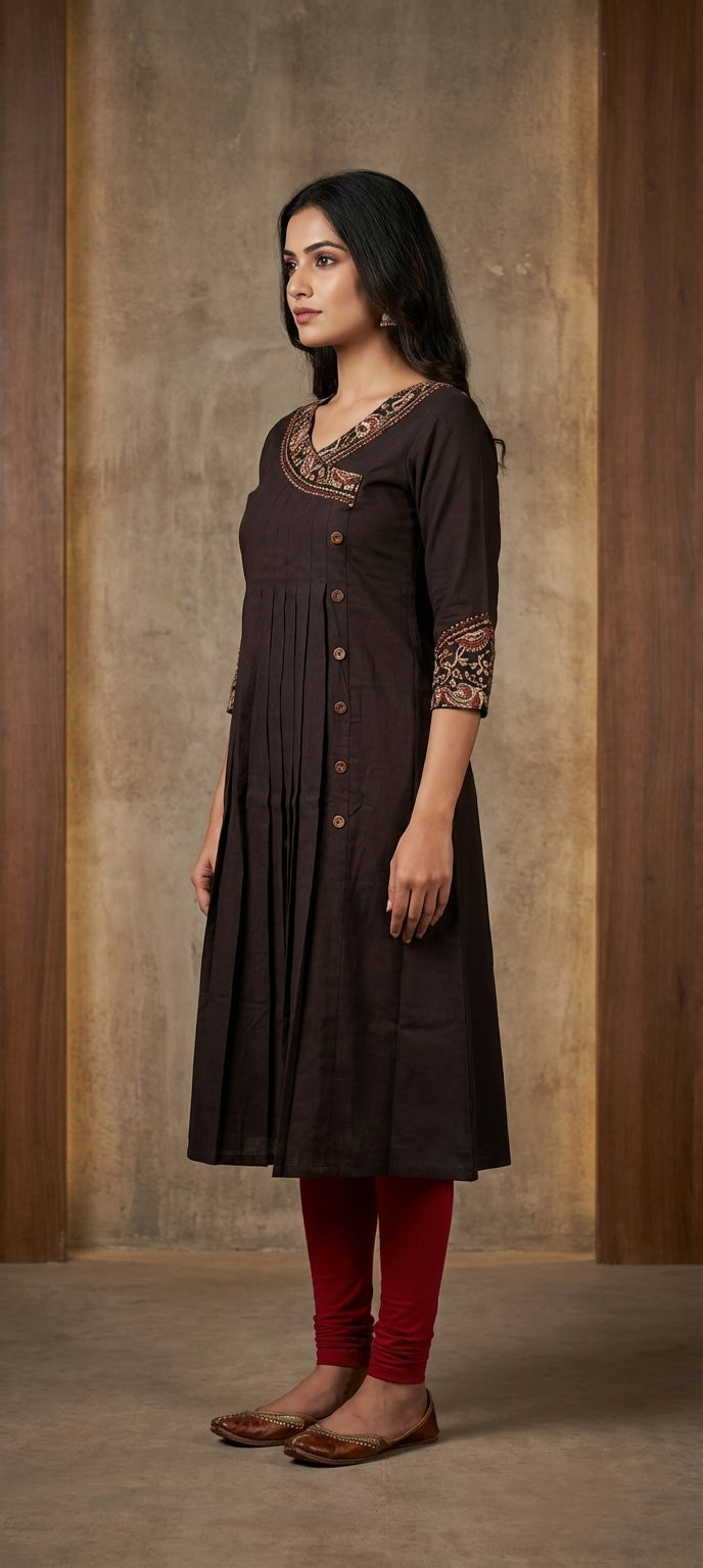 Classic Embroidered Neck Work Cotton Long Pleated Design Kurti -BLACK