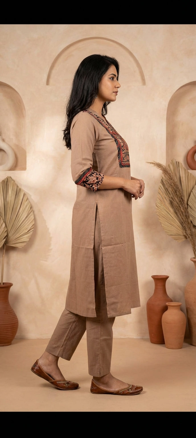 Traditional Embroidered Neck Kurti Pant Co-Ord Set