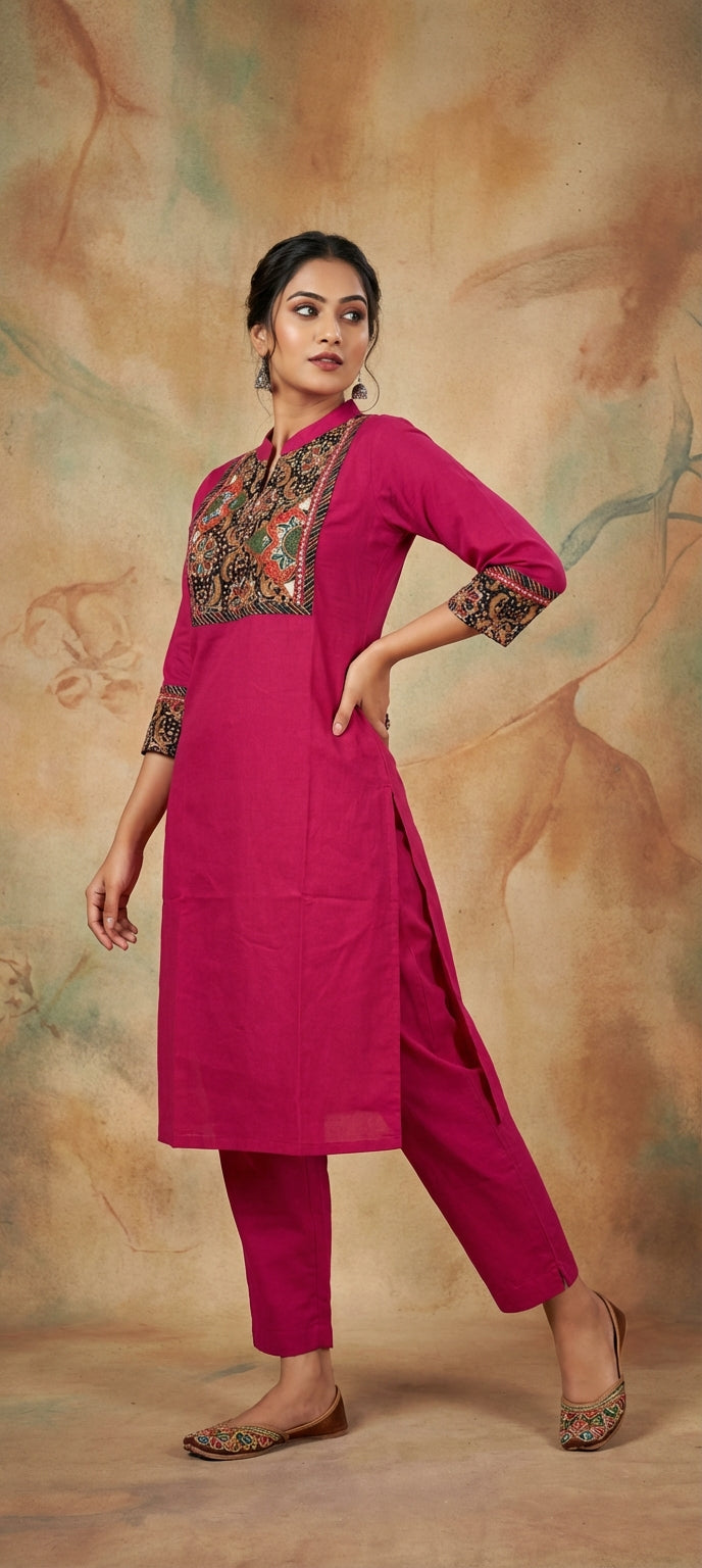 Ethnic Charm Rani Pink Kurti Pant Set with Yoke Work
