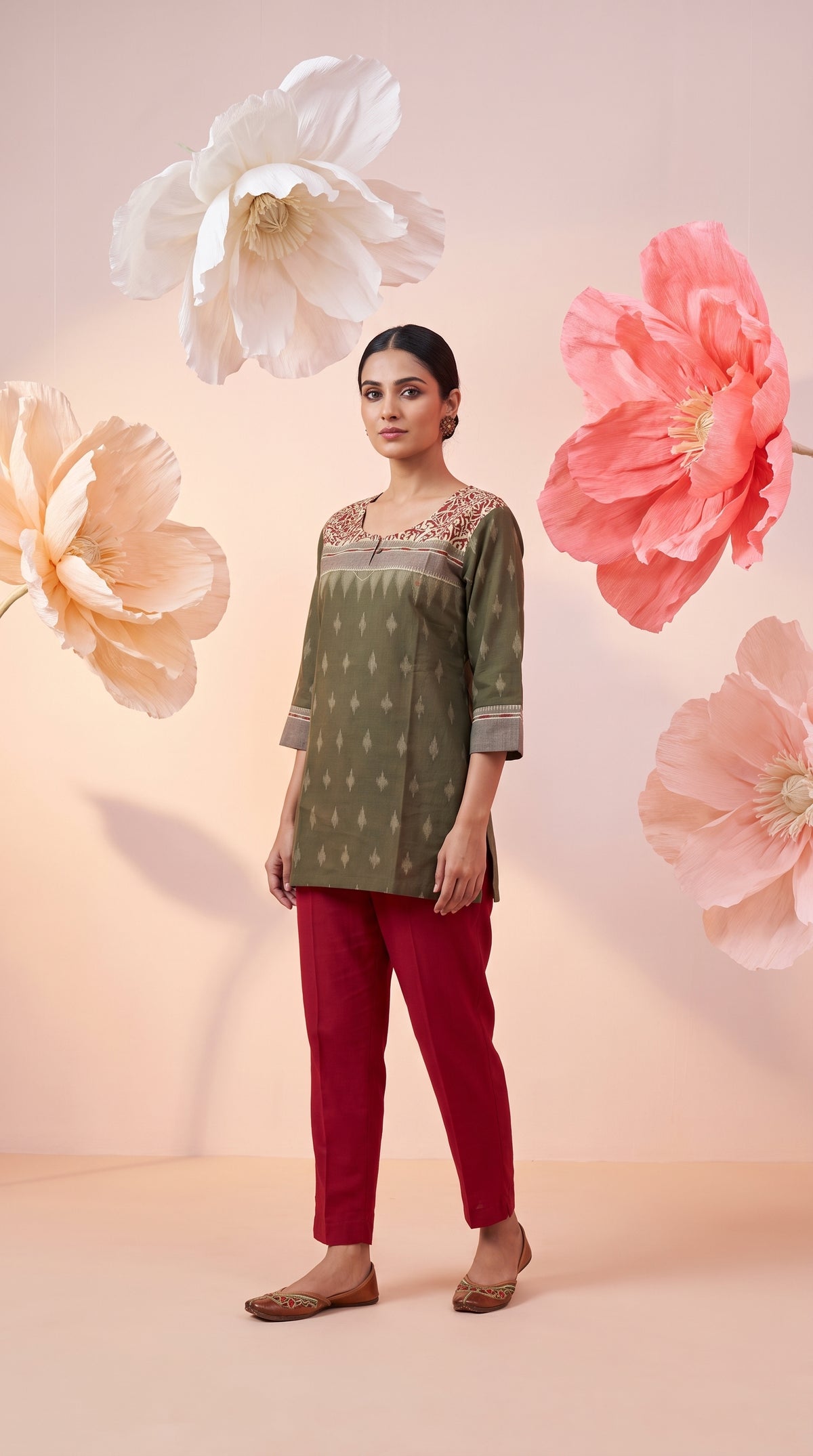 Paneri Embroidery Olive Ikat Floral Yoke Short Kurti