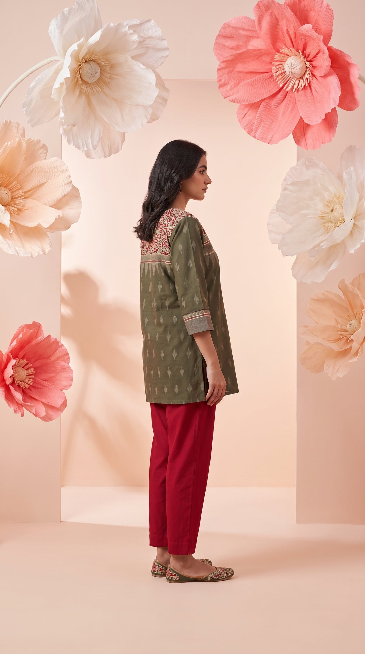 Paneri Embroidery Olive Ikat Floral Yoke Short Kurti