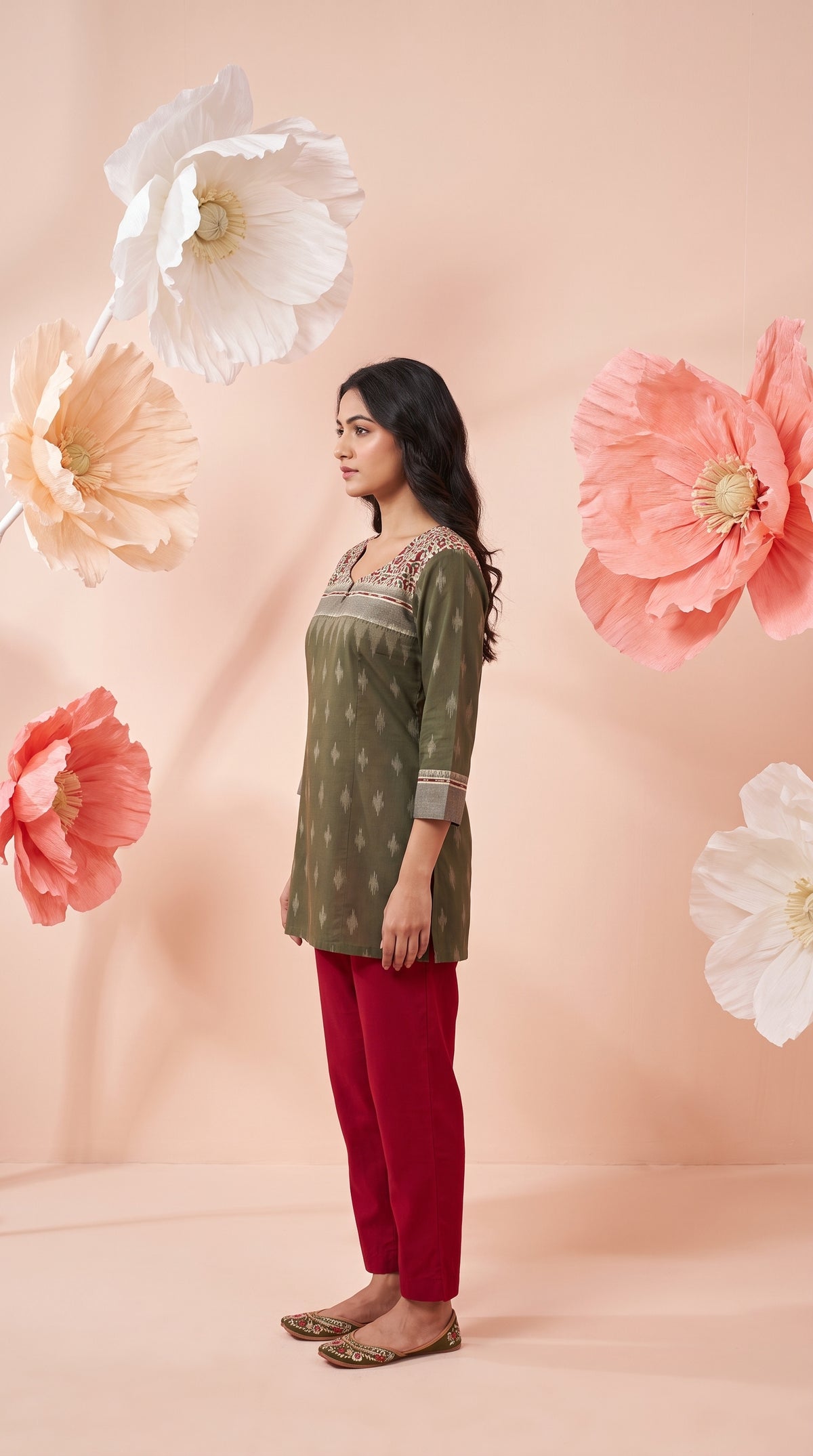 Paneri Embroidery Olive Ikat Floral Yoke Short Kurti
