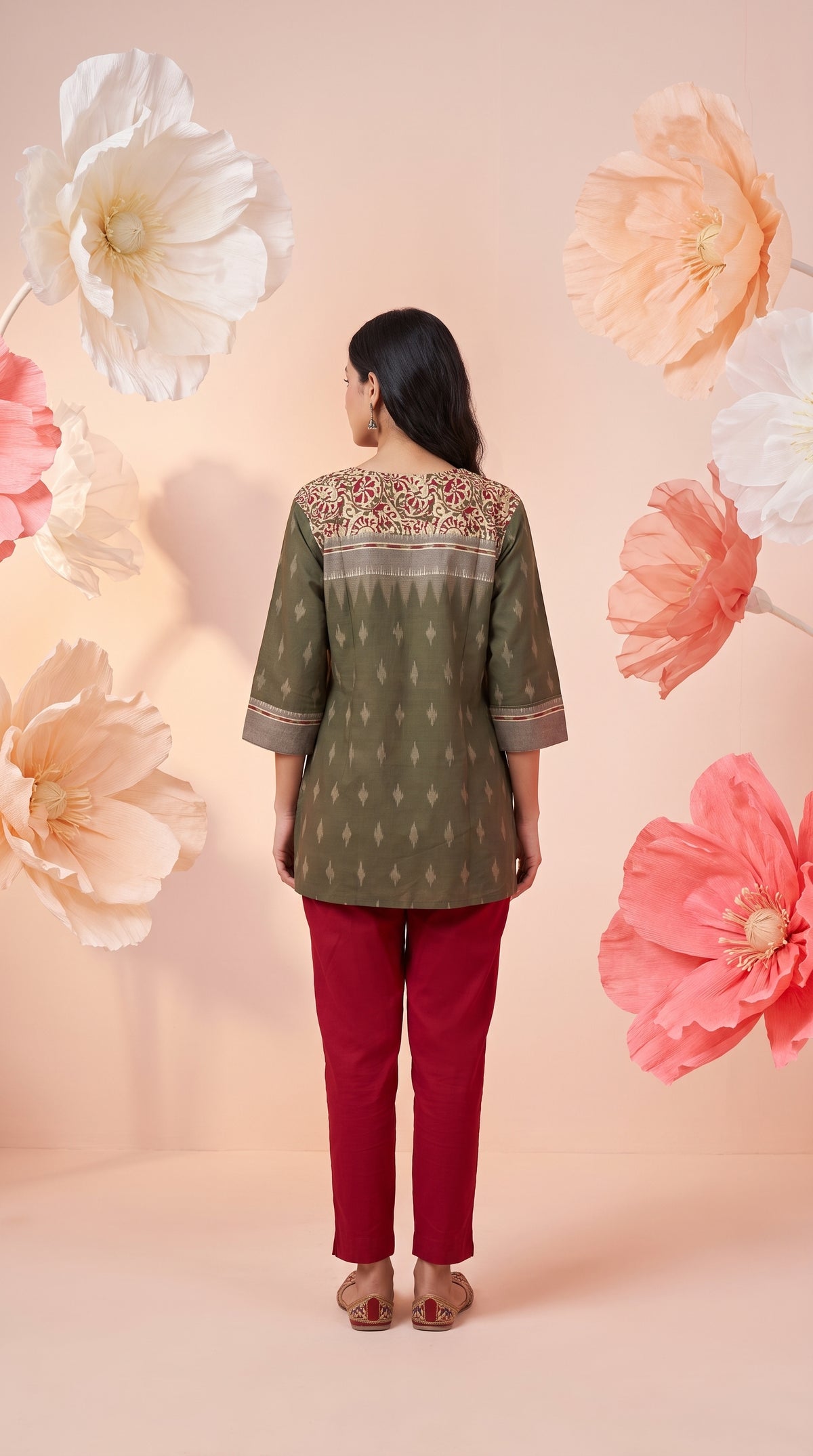 Paneri Embroidery Olive Ikat Floral Yoke Short Kurti