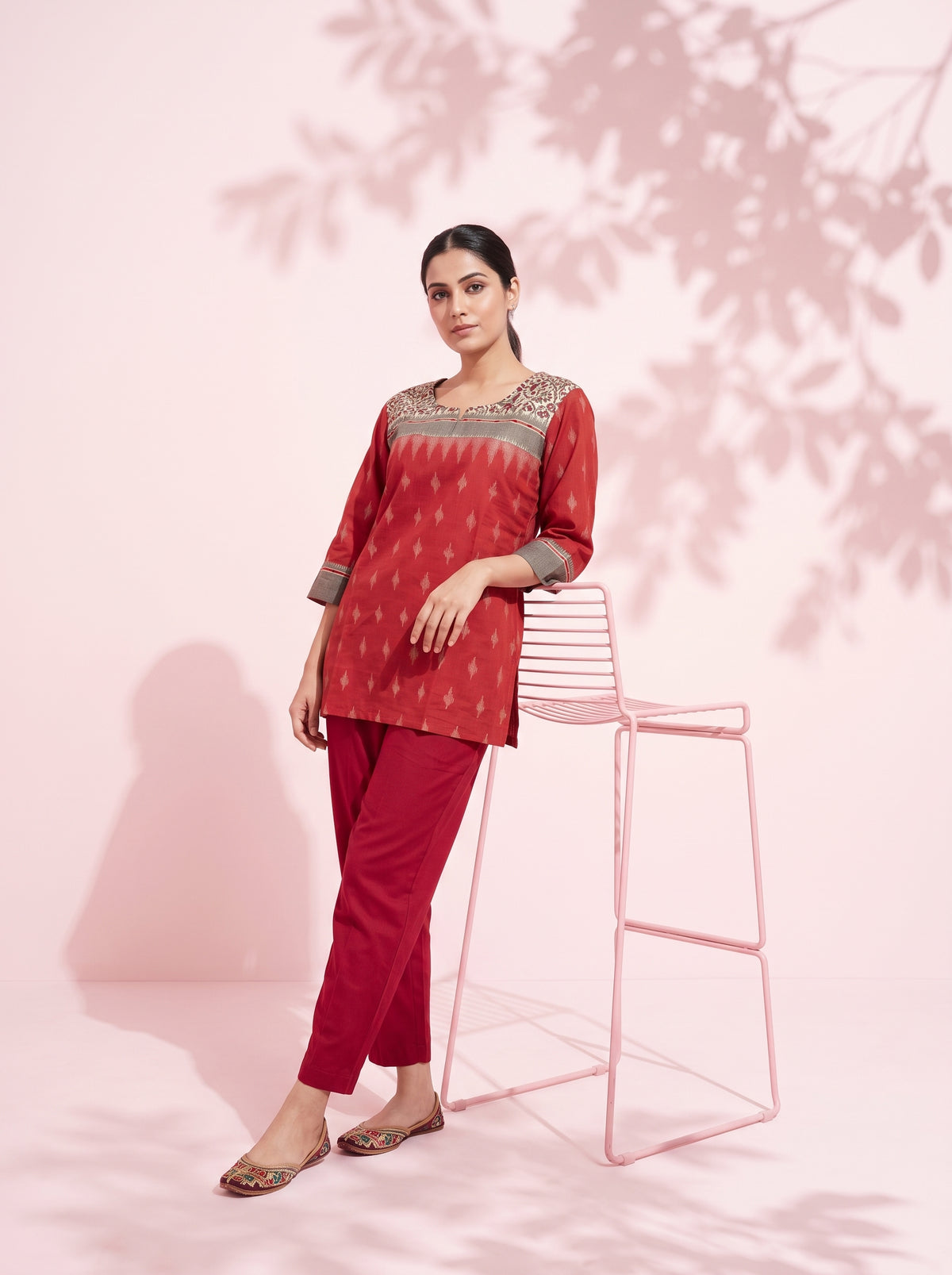 Paneri Embroidery Rust Red Ikat Floral Yoke Short Kurti