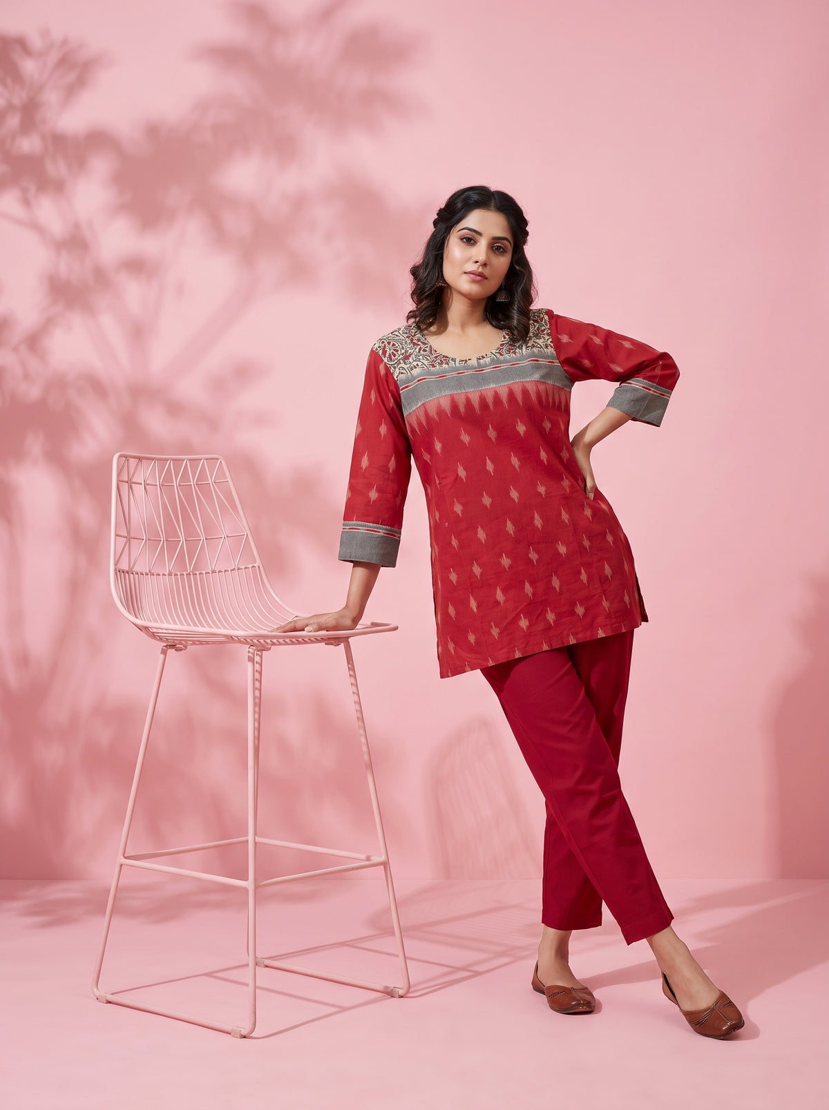 Paneri Embroidery Rust Red Ikat Floral Yoke Short Kurti