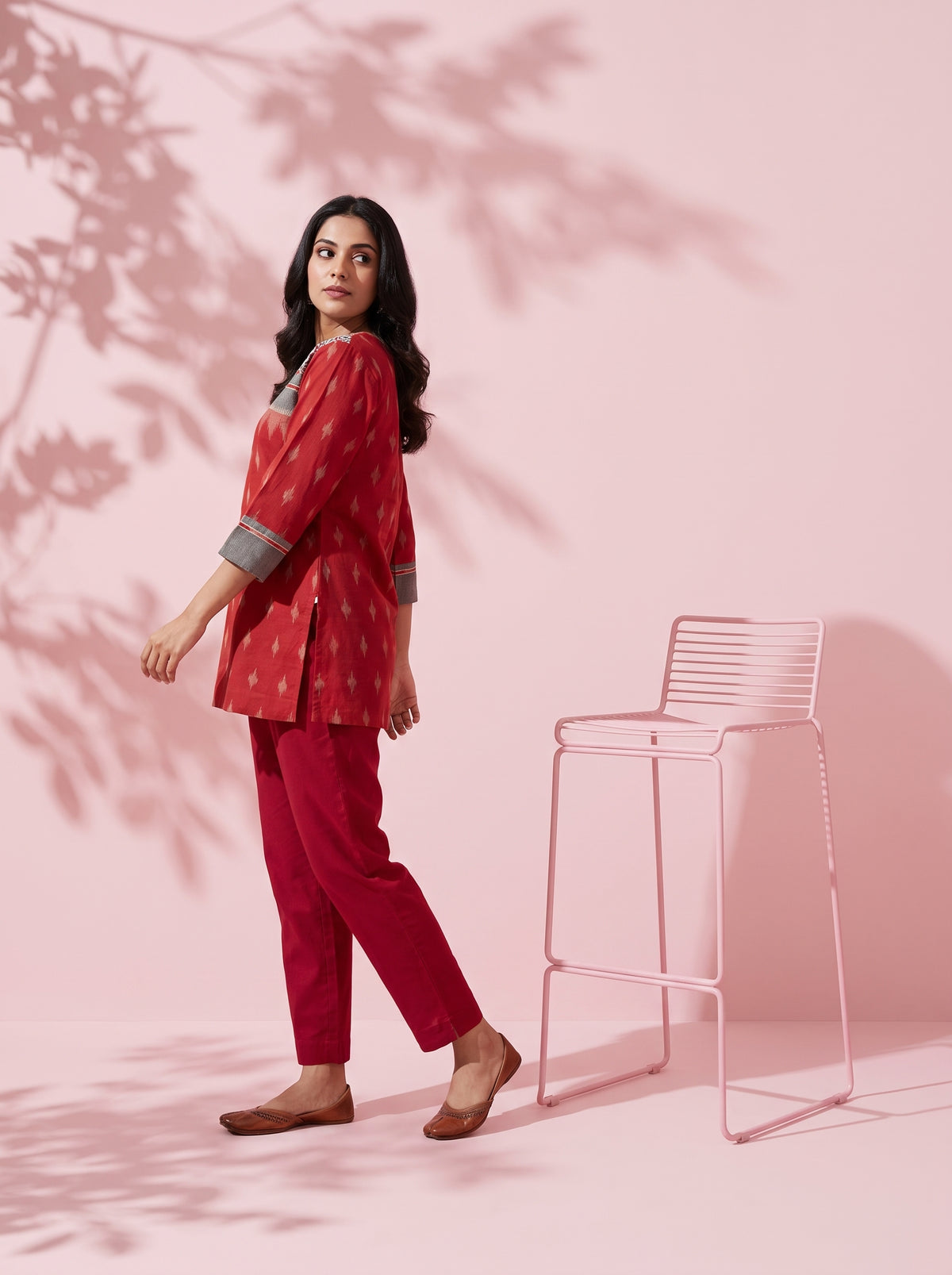 Paneri Embroidery Rust Red Ikat Floral Yoke Short Kurti