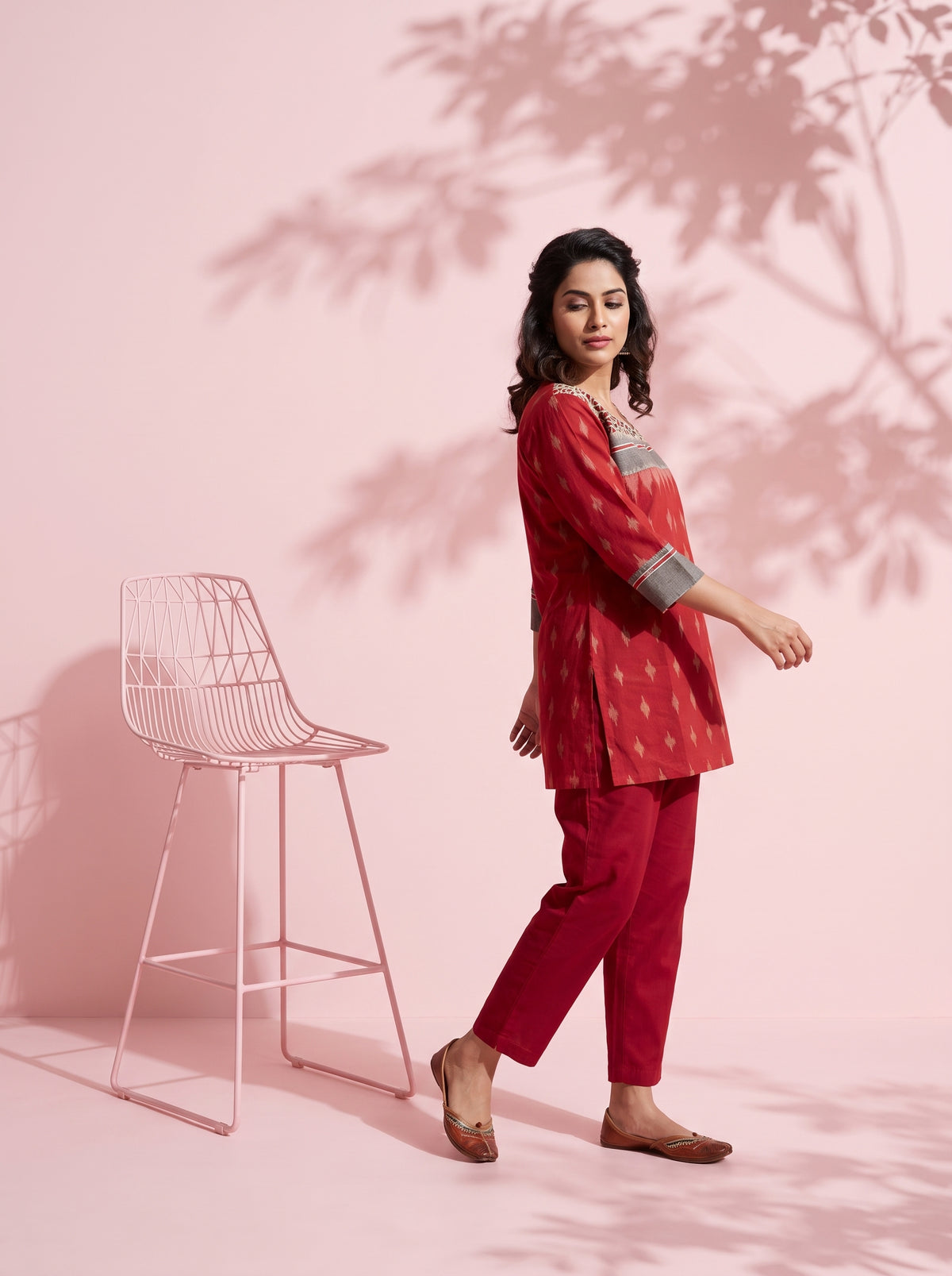 Paneri Embroidery Rust Red Ikat Floral Yoke Short Kurti