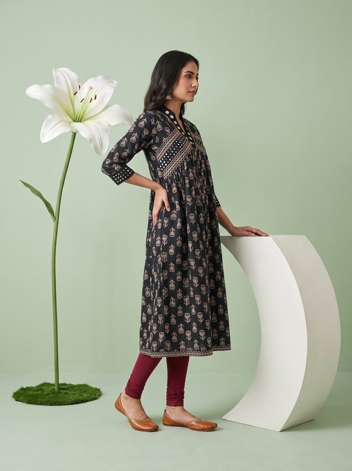 Paneri Embroidery Noir Blossom Printed Empire Kurti