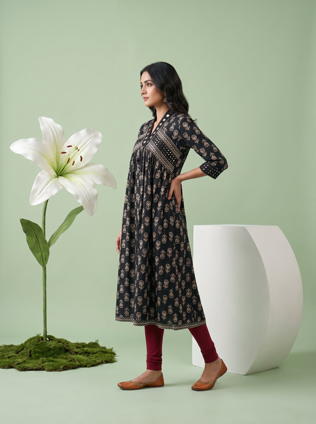 Paneri Embroidery Noir Blossom Printed Empire Kurti