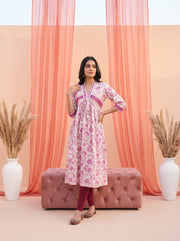 Paneri Embroidery Gulnaar Bloom Women’s Pink Floral Flared Kurti