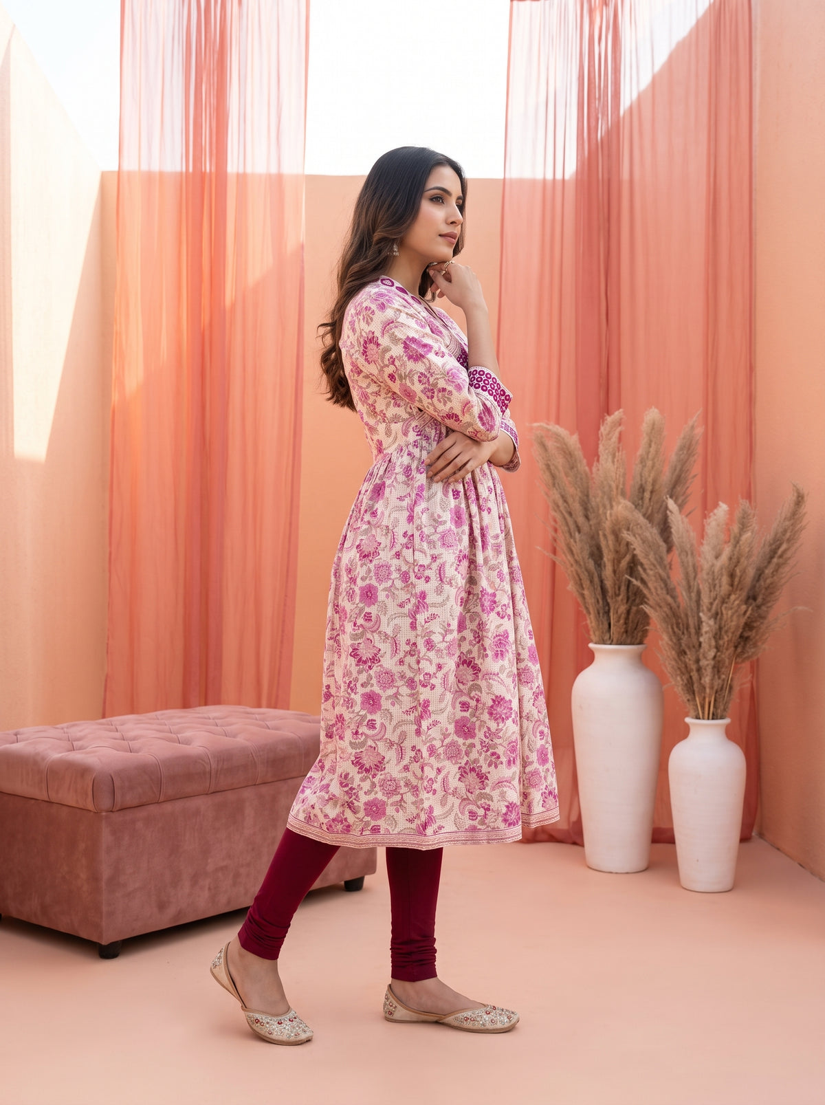 Paneri Embroidery Gulnaar Bloom Women’s Pink Floral Flared Kurti