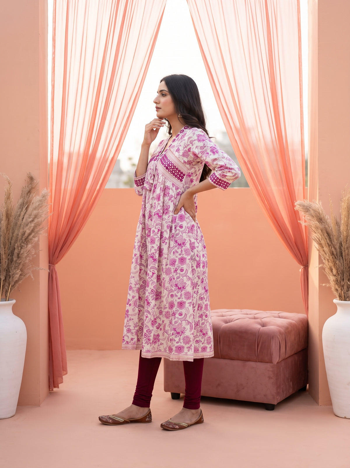 Paneri Embroidery Gulnaar Bloom Women’s Pink Floral Flared Kurti