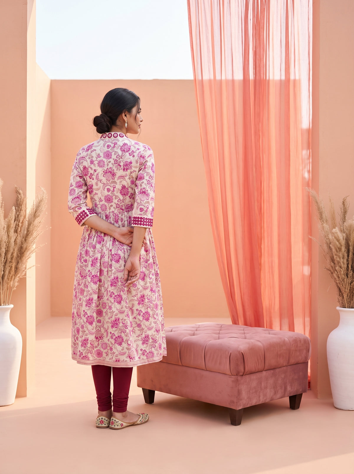 Paneri Embroidery Gulnaar Bloom Women’s Pink Floral Flared Kurti