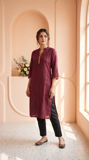 Paneri Embroidery Wine Geometric Print Straight Kurti