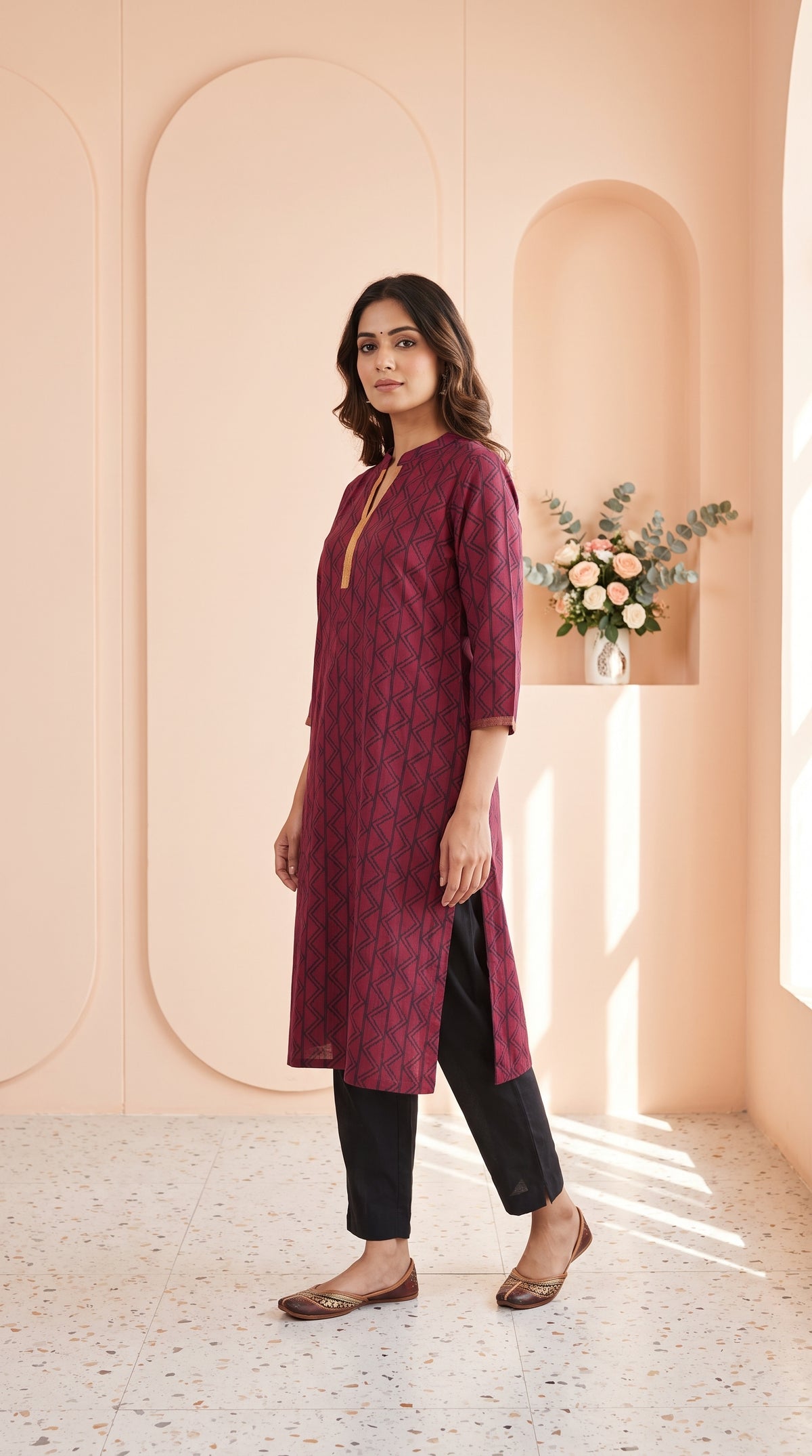 Paneri Embroidery Wine Geometric Print Straight Kurti