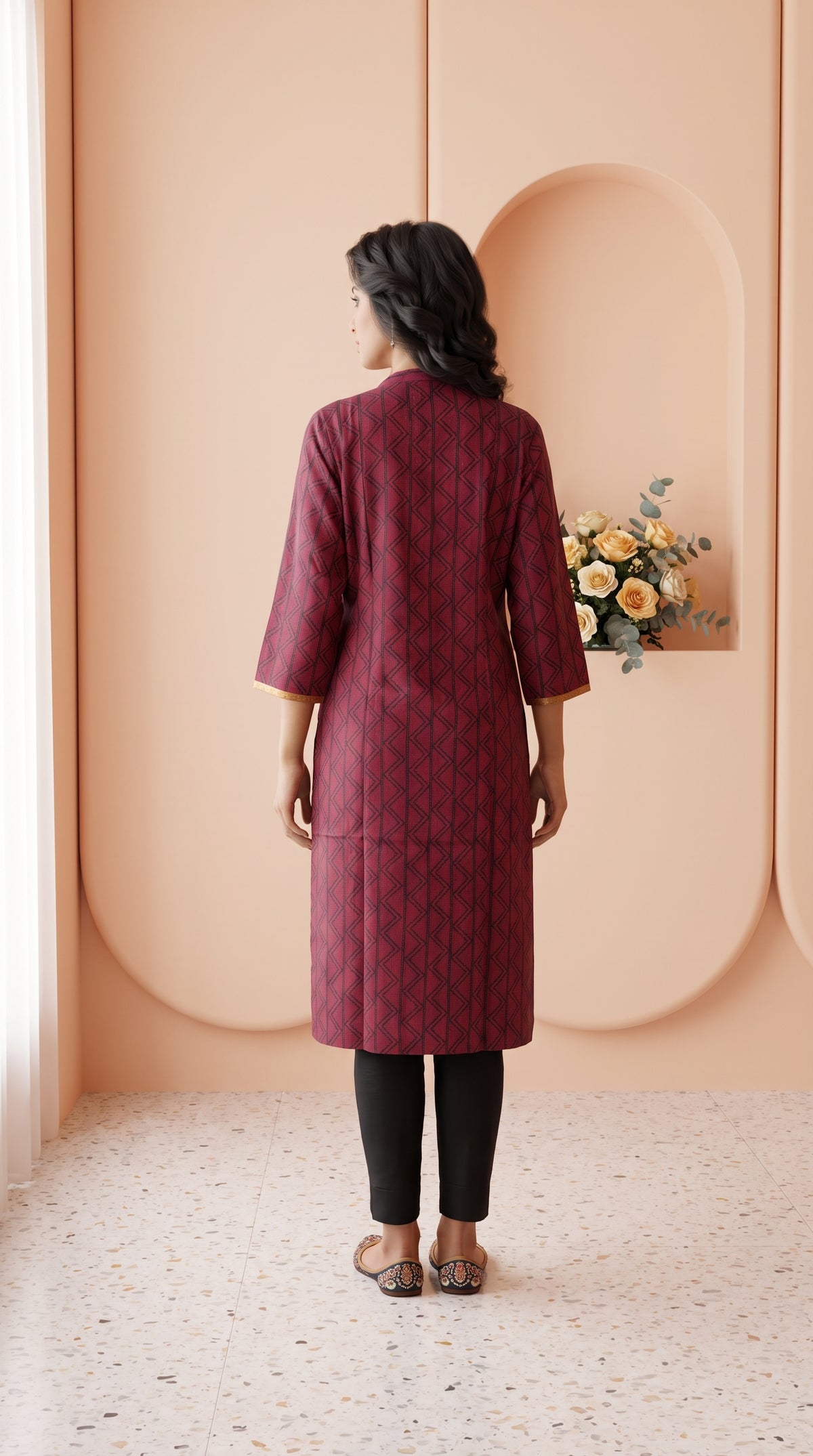 Paneri Embroidery Wine Geometric Print Straight Kurti