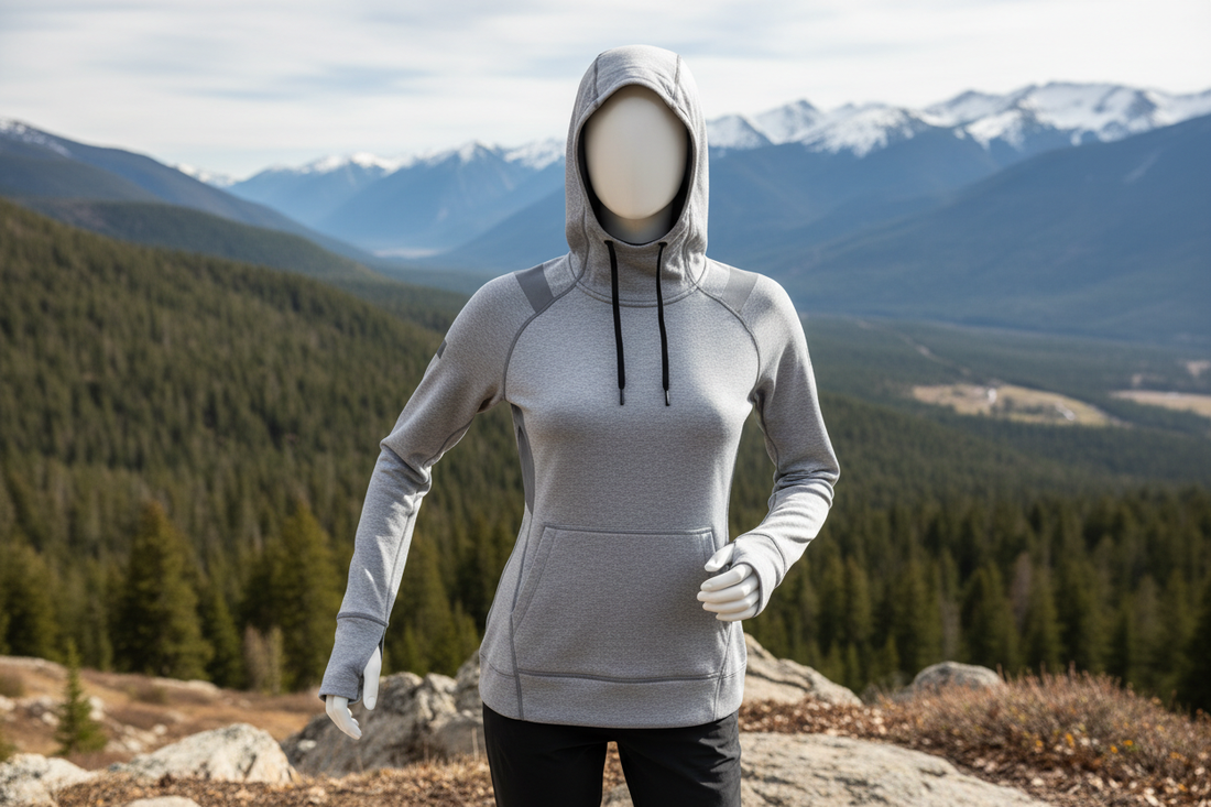 create an image of women clothing Designed for outdoor adventures, this hoodie offers lightweight coverage and flexibility, keeping you protected in style. Don't show face of women just the cloth.